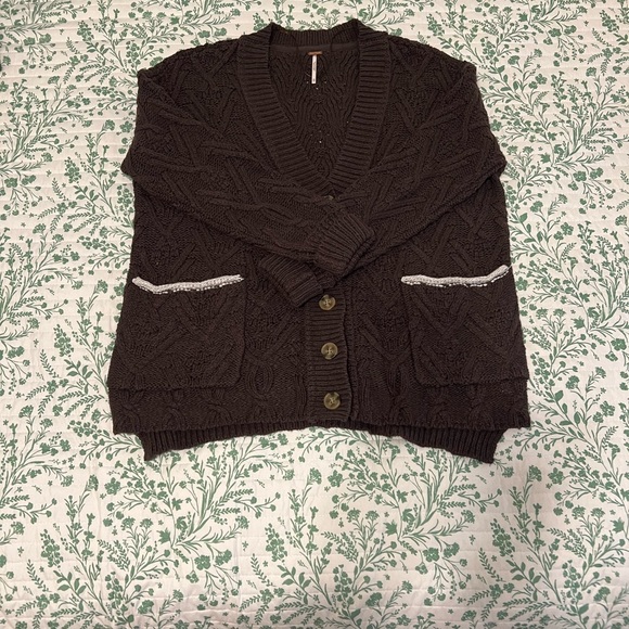 NWOT Free People Montana Cable Cardi - size S color Black Coffee - Picture 2 of 3